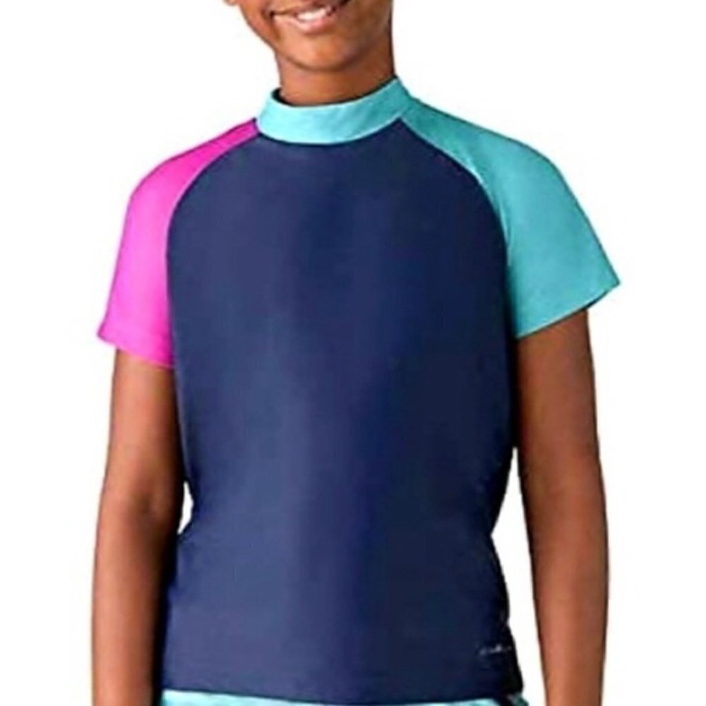 Eddie Bauer Rashguard Top Girl's size 14 / 16 Blue Teal & Pink Short Sleeve